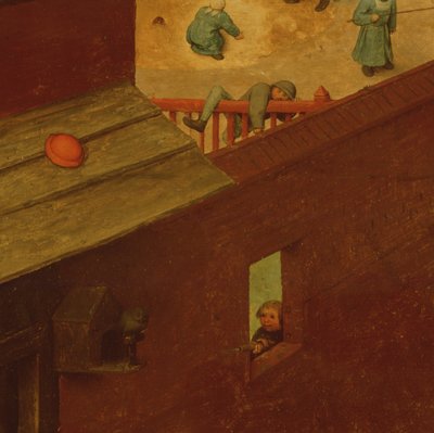 Kinderspiele, Detail des linken Abschnitts, das ein Kind zeigt, das über einen Zaun klettert und ein anderes, das auf einen Vogel schießt, 1560 von Pieter Bruegel the Elder